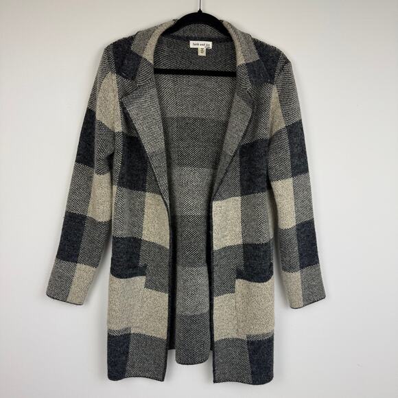 Faith and Joy Womens Cream/Grey Buffalo Plaid Longline Open Coat Petite Small - Picture 1 of 11